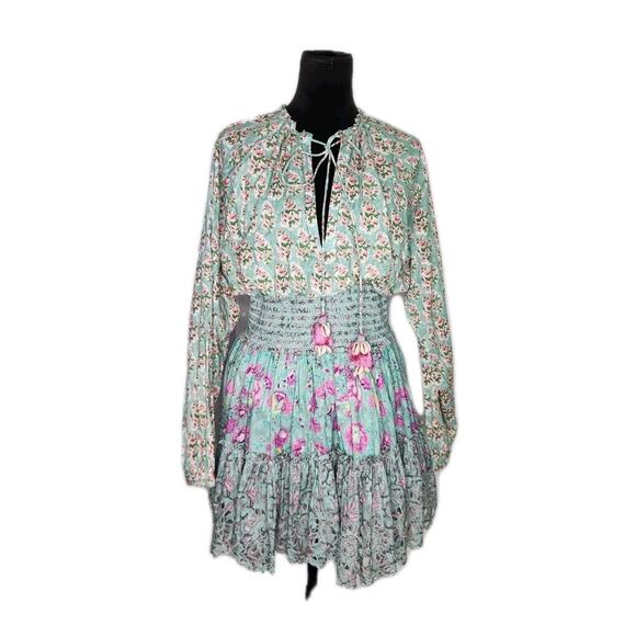 Hemant & Nandita Hera Long Sleeve Floral Mini Dress In Mint Macaron Size M - Picture 2 of 12